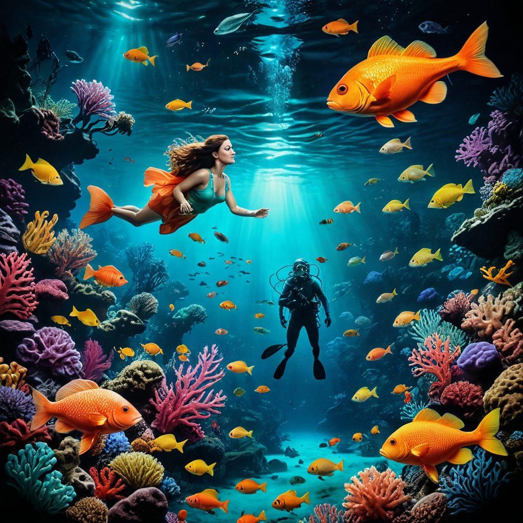 An intriguing underwater scene featuring an eclectic collection of bizarre cult film posters floating among vivid marine life, such as colorful fish and coral, symbolizing the depths of niche cinema. A vintage cinema projector emits a warm, inviting glow from the ocean floor, illuminating the unique posters. The ambiance conveys a sense of mystery and adventure, enticing viewers to explore indie films. super-realistic. vibrant colors. 3D.