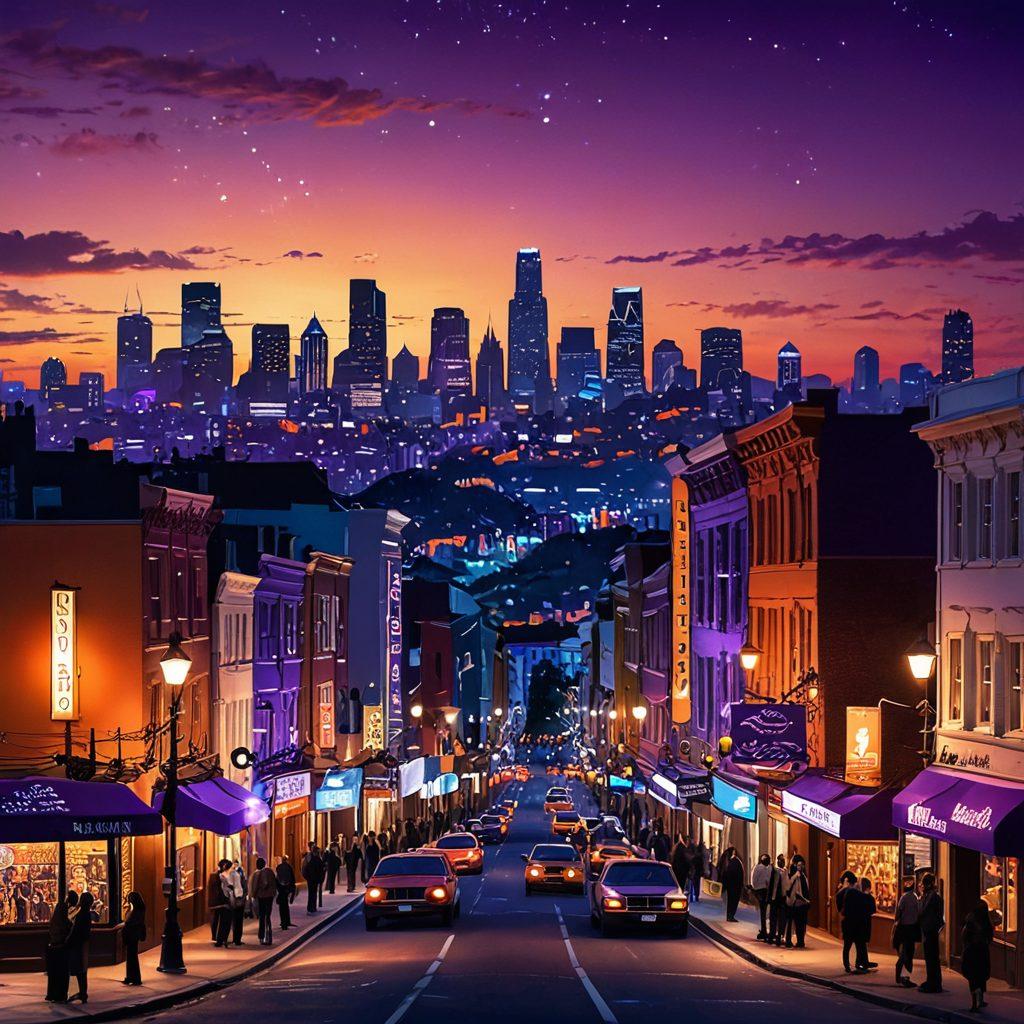 A captivating film reel transforming into a vibrant city skyline at dusk, interspersed with iconic film festival banners and hidden indie cinema venues. The scene should feature diverse filmmakers discussing their projects with excitement, while stars twinkle above, symbolizing underground gems shining bright. Infuse the image with a sense of adventure and creativity. super-realistic. vibrant colors. 3D.