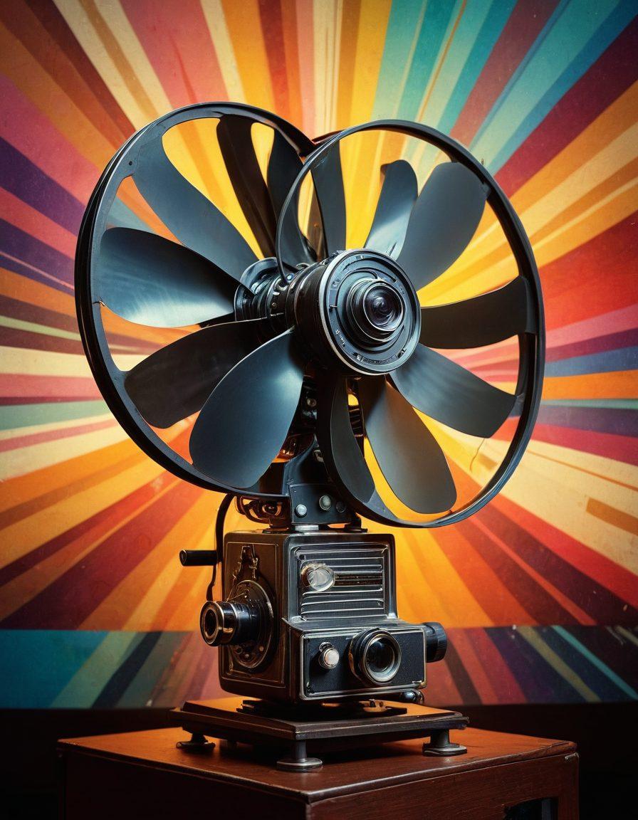 A collage of diverse film scenes featuring unique characters from various indie films, surrounded by vibrant, abstract sound waves symbolizing their voices. In the foreground, an old vintage film projector casting light on a film reel. The overall atmosphere is artistic and dynamic, conveying creativity and passion for alternative cinema. surrealistic. vibrant colors. textured background.